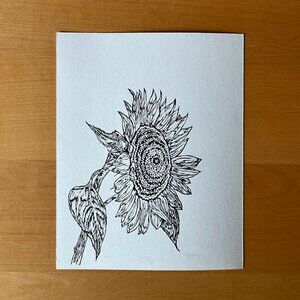 Sunflower 8x10 Linocut Print, Handmade